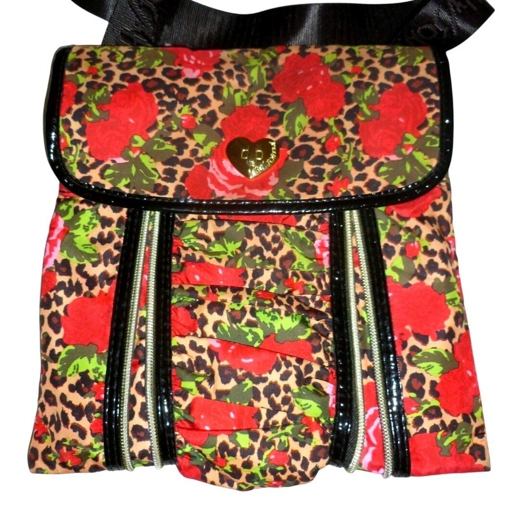 Betsey Johnson Leopard Rose Floral Nylon Crossbody Bag Ruffle Heart Turnlock